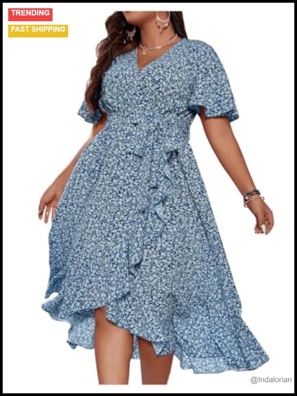 Plus Size Boho Flutter Short Sleeve Ruffle Hem A-Line Midi Dress